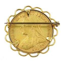 Queen Victoria 1898 gold full sovereign loose mounted in 9ct gold brooch, hallmarked