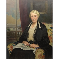  Frederick (Fred) William Elwell RA (British 1870-1958): 'Mrs Hunt Hedley' - half length portrait with a view of the River Thames through the window in the background, oil on canvas signed, original exhibition title label verso  90cm x 70cm Provenance: exh. Royal Academy 1933 No.82, original label verso  DDS - Artist's resale rights may apply to this lot    