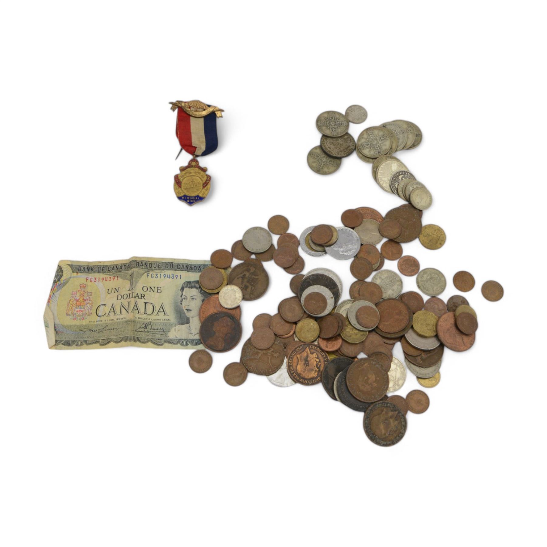 Great British and World coins, including pre 1947 silver one florins, pre-decimal coinage, German 1965 five mark coin etc, Canada one dollar note an RAOB Memorial Wing jewel
