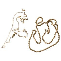 Gold rope twist necklace and one other gold chain, both 9ct