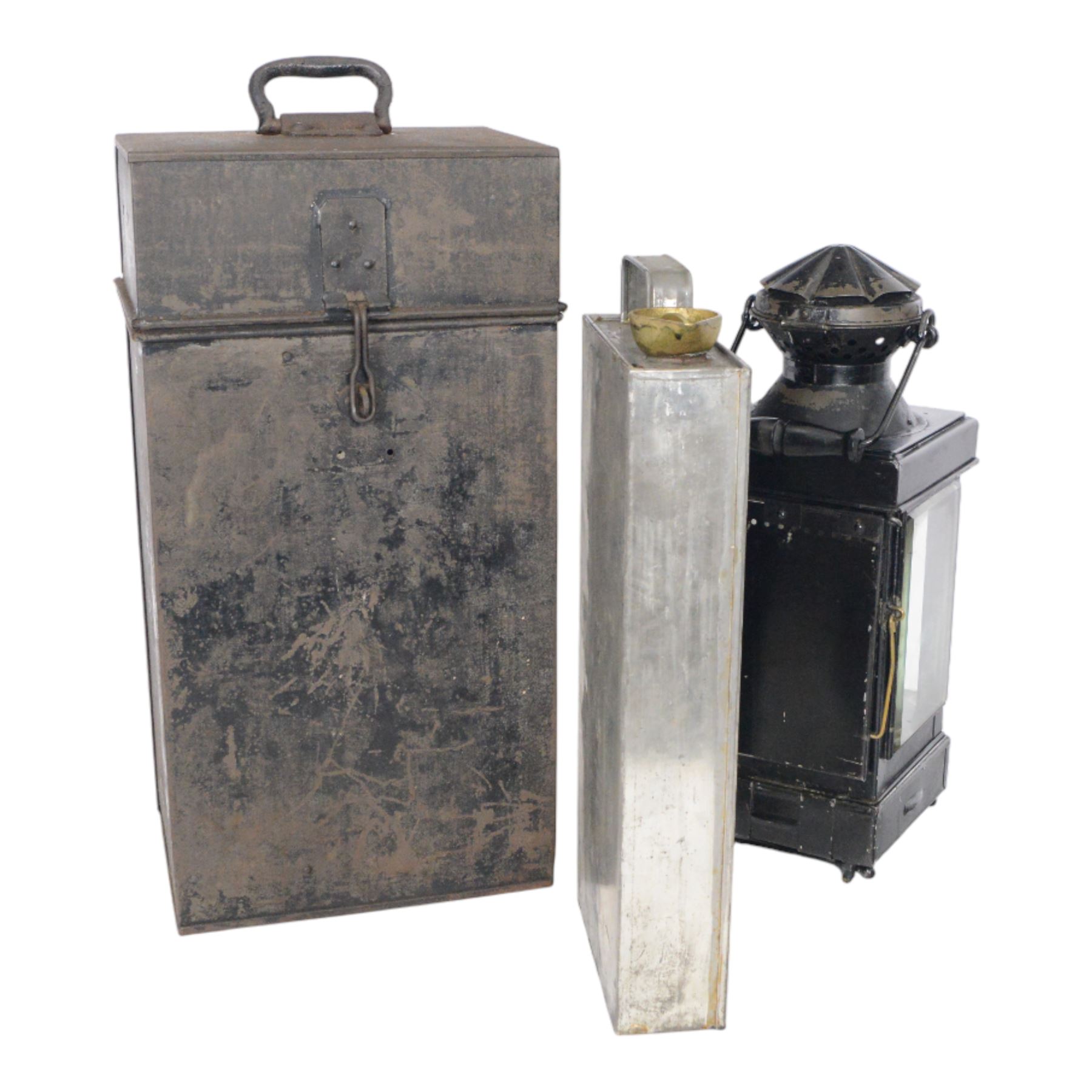 WWI British Officers paraffin lamp by JC & W Lord, Birmingham, complete with carrying case containing fuel can, together with a military issued Bialladin lamp with broad arrow marked 1955