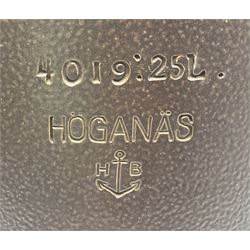 Swedish Hoganas pancheon, with lid and twin handles 25 litres H55cm, alongside circular Hoganas jar five litres H22cm
