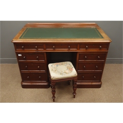  Victorian twin pedestal mahogany desk, leather inset hinged top, two sets of three graduating drawers, plinth base, (W121cm, H81cm, D67cm) and a Victorian stool, upholstered seat, turned and carved supports  