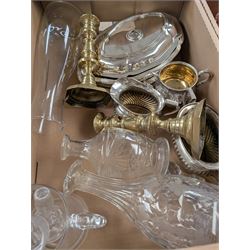 Collection of silver plated items and glassware, including cased cutlery, carnival glass, decanters, teapot, trays, etc