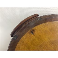 Late 19th/early 20th century mahogany and marquetry inlaid tray, of oval form with twin scrolled handles and moulded border, the central panel inlaid with figures seated at a table drinking tea, L99cm
