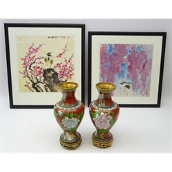  Pair Chinese Cloisonne vases on plinths, H29cm and two framed Japanese watercolours (4)  