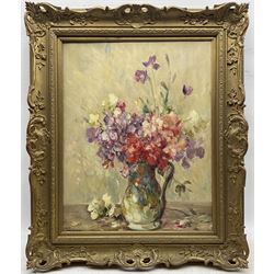 Owen Bowen (Staithes Group 1873-1967): Still Life of a Spring Bouquet, oil on canvas signed, part Royal Institute of Oil Painters label and James Bourlet label verso, 47.5cm x 37.5cm 