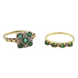  9ct gold emerald and diamond square panel ring and an 18ct gold seven stone emerald and diamond ring