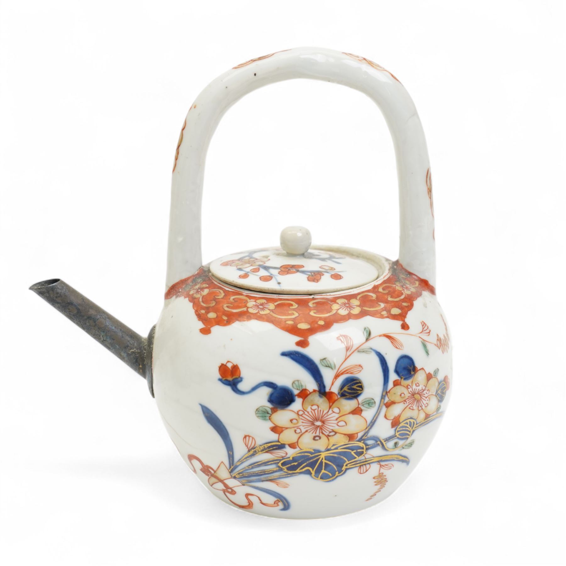 Two 18th century Chinese Imari teapots, together with two Imari pattern tea bowls, approximately Kangxi and Qianlong period, and one saucer, one tea bowl with double ring mark to base, largest teapot H16cm (5)