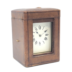  Late 19th century brass Carriage clock with white Roman dial, plain case with bevelled glass plates, twin train striking movement with push repeat, in original travel case with two keys, H18cm max   