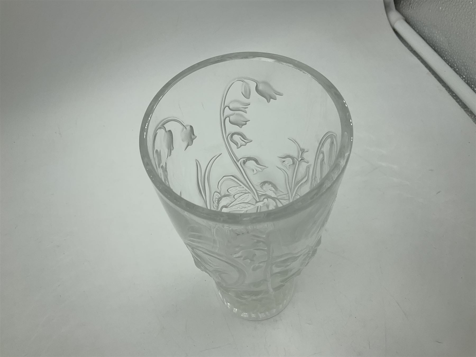 Lalique Elves frosted glass vase, moulded with elves playing amongst bluebells, circa 2005, with engraved Lalique France mark beneath, H19.5cm