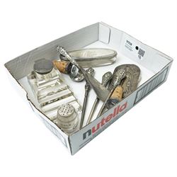 Glass inkstand with silver cover Birmingham 1906, silver plated barrel shape salt, miniatu...