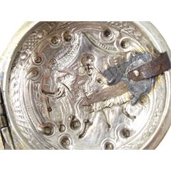 George III silver repousse pair cased verge fusee pocket watch by Samson, London,  No. 20384, square baluster pillars, the enamel polychrome dial depicting a sailor and sweetheart saying farewell, Roman hours and outer Arabic minute ring, inner case by James Richards, London 1793, the outer case depicting figures in an interior setting, with scroll borders interior scene makers mark T.P possibly Thomas Pepper