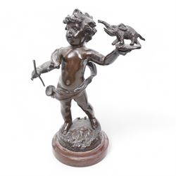 After Rousseau - Pair of bronze figures of cherubs, one holding a toy elephant, the other originally with an artists board on marble bases H23cm