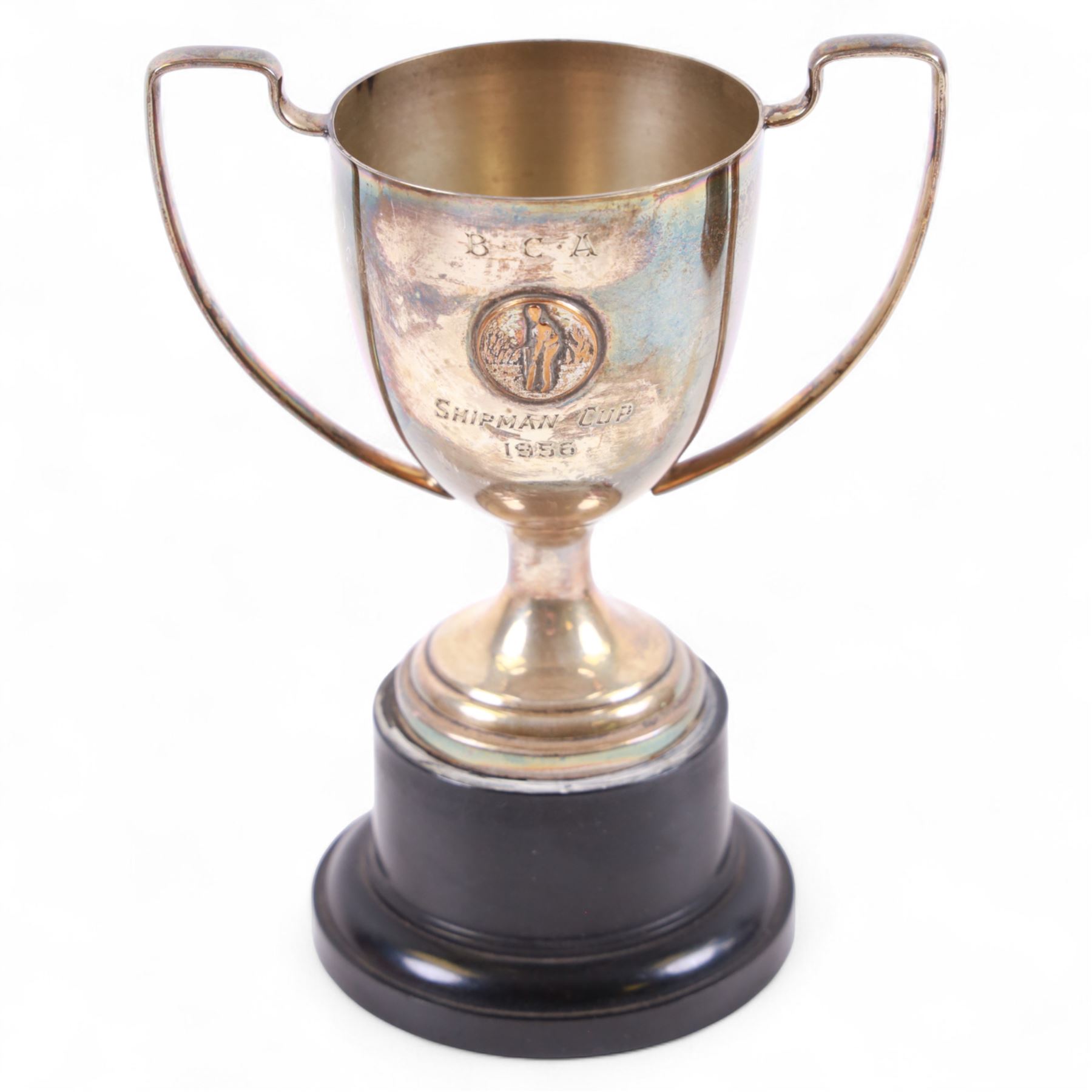 1950s and later cricket trophy cups and plaques, including LT Shipman's CC Winners Carpenter Cup & Shipman Cup 1954 trophy, Shipman's Cup 1956 and The Filbert's Winners 1956 SWBCC plaque, tallest H18.5cm