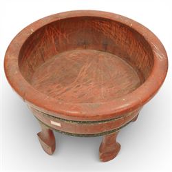 Chinese red painted wooden wash bowl, of circular form with a thickened rim above a tapering body with painted bands, raised on five short supports