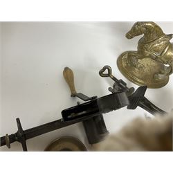 Two cast iron Follows and Bate Ltd Rapid Marmalade Cutter, Manchester, brass figure of a horse etc