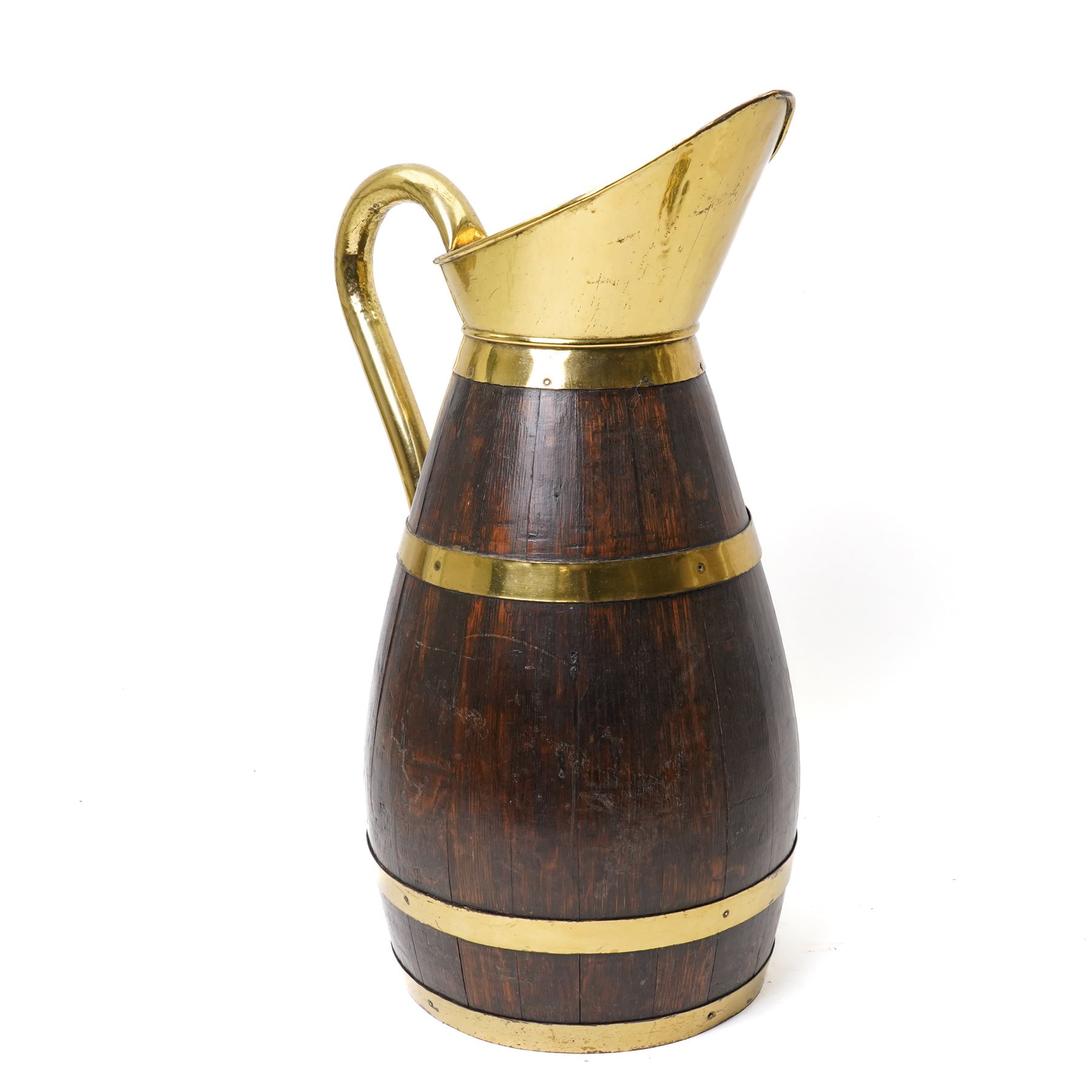 Large wooden and metal banded pitcher with loop handle H61cm