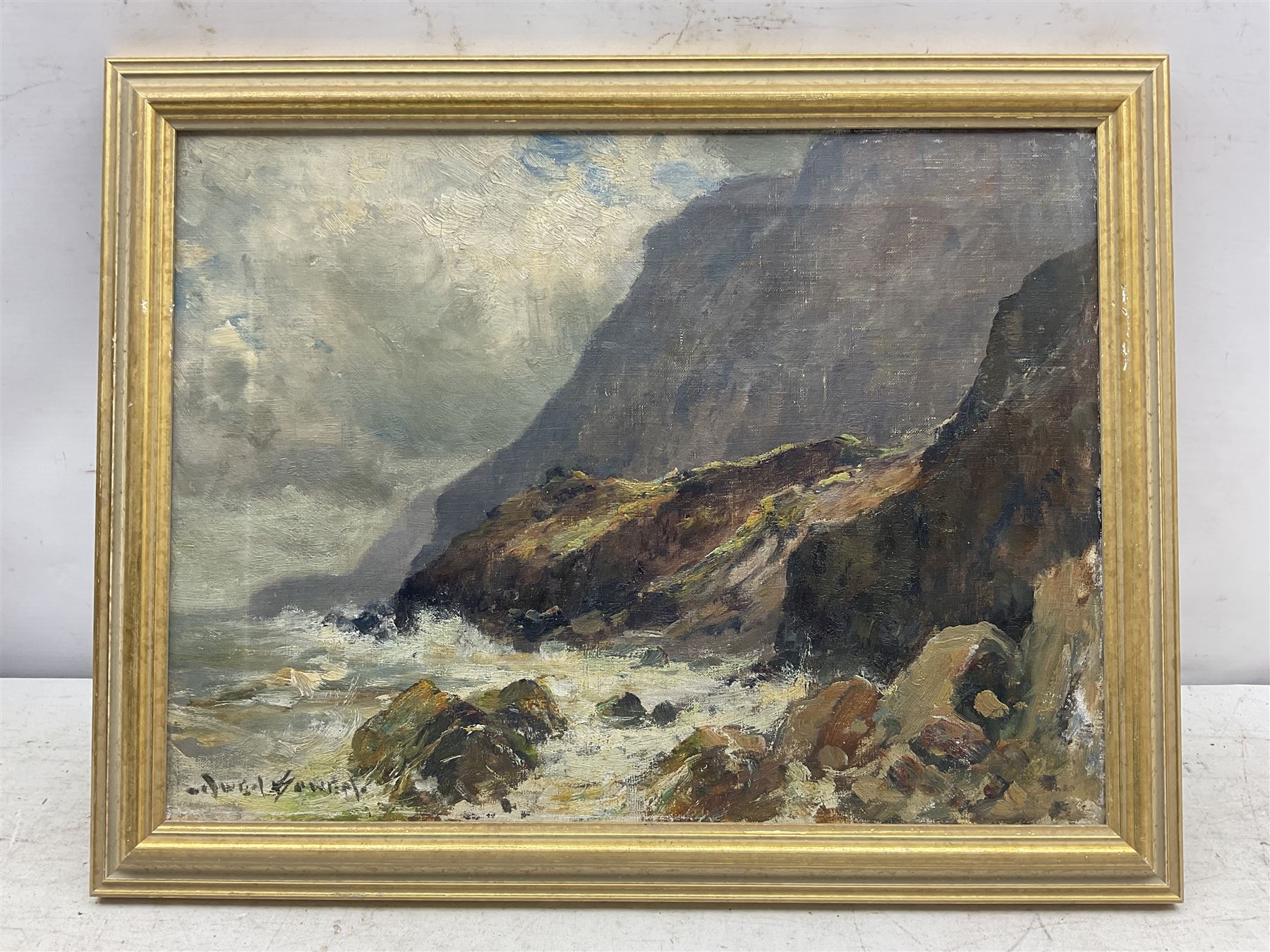 Owen Bowen (Staithes Group 1873-1967): Rocks near Ravenscar, oil on canvas signed 30cm x 40cm