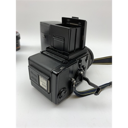 'Zenza Bronica SQ-B' camera fitted with 'Zenza Bronica Zenzanon-PS 1:28 f=80mm' lens, 'Zenza Bronica Zenzanon-PS 1:4 f=150mm' lens and 'Zenza Bronica Zenzanon-S 1:35 f=50mm' lens, with an instruction booklet