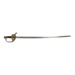 French 1837 pattern officers sword, 70cm single edged blade, with pierced brass hilt, ribbed grip, with brass mounted leather scabbard, L85cm