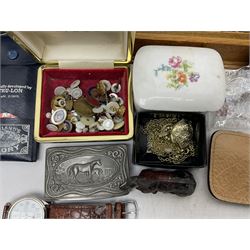 Silver brooch and a collection of costume jewellery, together with ceramic trinket box, foldable photograph frame and other collectables