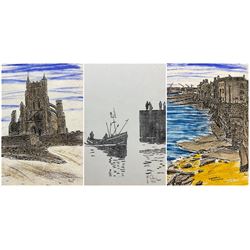 Burt (Northern British Contemporary): Hartlepool Fish Sands and St Hilda's, pair pen and watercolours signed and titled; M Gibbons (British 20th century): Bridlington, screen print signed numbered and dated 1973 max 26cm x 18cm (3)