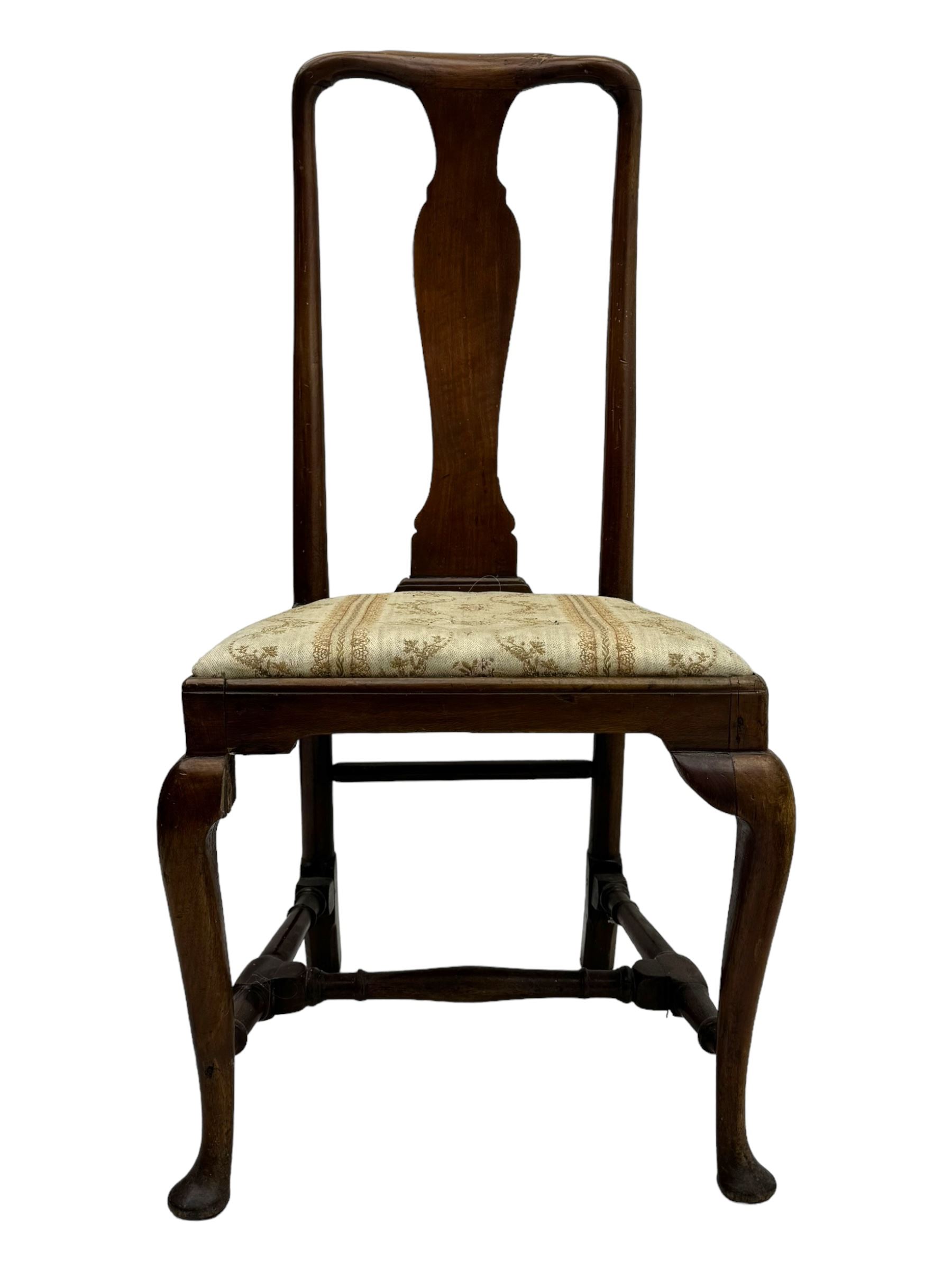 Pair of 19th century Queen Anne design walnut framed side chairs, yoke crest rail over vase-shaped splat, upholstered drop-in seats, raised on cabriole supports with pad feet united by turned stretchers