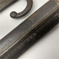 WWI Remington Pattern 1913 bayonet, the 43cm fullered blade with various marks to the ricasso including date code 11 16; in leather covered scabbard with various stamps including JWB 17 L58cm overall; and a French Model 1866 sabre bayonet (no scabbard)