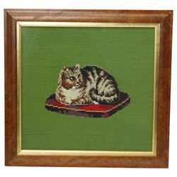  Pair of Victorian needlework pictures of cat and dog 40cm x 41cm and two other needlework pictures (4)