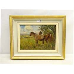  James William Booth (Staithes Group 1867-1953): Horses Sheltering from the Wind, oil on canvas board signed 20cm x 29cm  DDS - Artist's resale rights may apply to this lot    