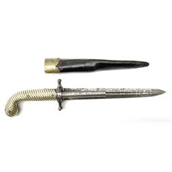 Rare double barrel percussion knife pistol by Dumonthier & Sons (NVN), approx. .38 calibre, with 8.5cm barrels and central 21.5cm spear pointed blade, all with etched damascening, upper quillons serve as hammers for the percussion ignition with single drop down trigger and fluted nickel grips, in nickel mounted leather covered tin scabbard L33.5cm overall