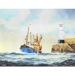Jack Rigg (British 1927-): Trawler Rounding the Lighthouse, oil on board signed 34cm x 44cm