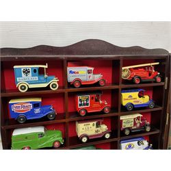 Collection of die-cast vehicles to include Corgi, Dinky, Lledo and Days Gone, housed in six wood display units