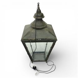 Victorian verdigris copper street lantern, now converted, of typical tapering form with four glazed panes, H84.5cm W43cm