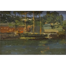 Impressionist School (Early 20th century): Three Masted Boat by the Quayside, oil on panel unsigned, James Bourlet & Son framer's label verso 16cm x 24cm
