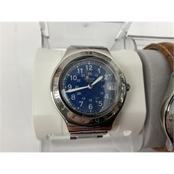 Swatch Irony chronograph stainless steel quartz wristwatch, on original tan leather strap and one other Irony quartz wristwatch, on stainless steel strap both boxed (2)