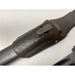 WWII German K98 Mauser bayonet by E. & F. Horster, the 24.5cm fullered blade marked 43aSW for 1943, numerous inspection marks to blade and pommel, bakelite grips and bluing to metal parts; in steel scabbard with corresponding numbers and leather frog L42cm overall