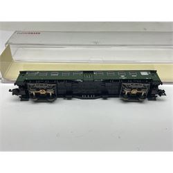 Fleischmann ‘N’ gauge ‘Piccolo’ - sixteen carriages, wagons and cars comprising nos. 8051, 8052, 8055, 8064, 8119K, 8127, 8128, 8129, 8202, 8211, 8224, 8240, 8281, 8301, 8500, 9372; along with Minitrix N503 Shock Van and 13576 6 ton Mineral Wagon; boxed and loose (18) 