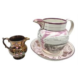 Early 20th century Sunderland lustre jug, decorated with transfer Masonic scene and poem 'The World is in Pain/Our Secrets to Gain/But Still Let Them Wonder and Gaze/The Never Can Divine/The World Nor The Sign/Of a Free and Accepted Mason', the reverse decorated with Sunderland River Wear cast iron bridge scene below text (a/f), together with a copper lustre jug, and pink lustre bowl, jug H20cm