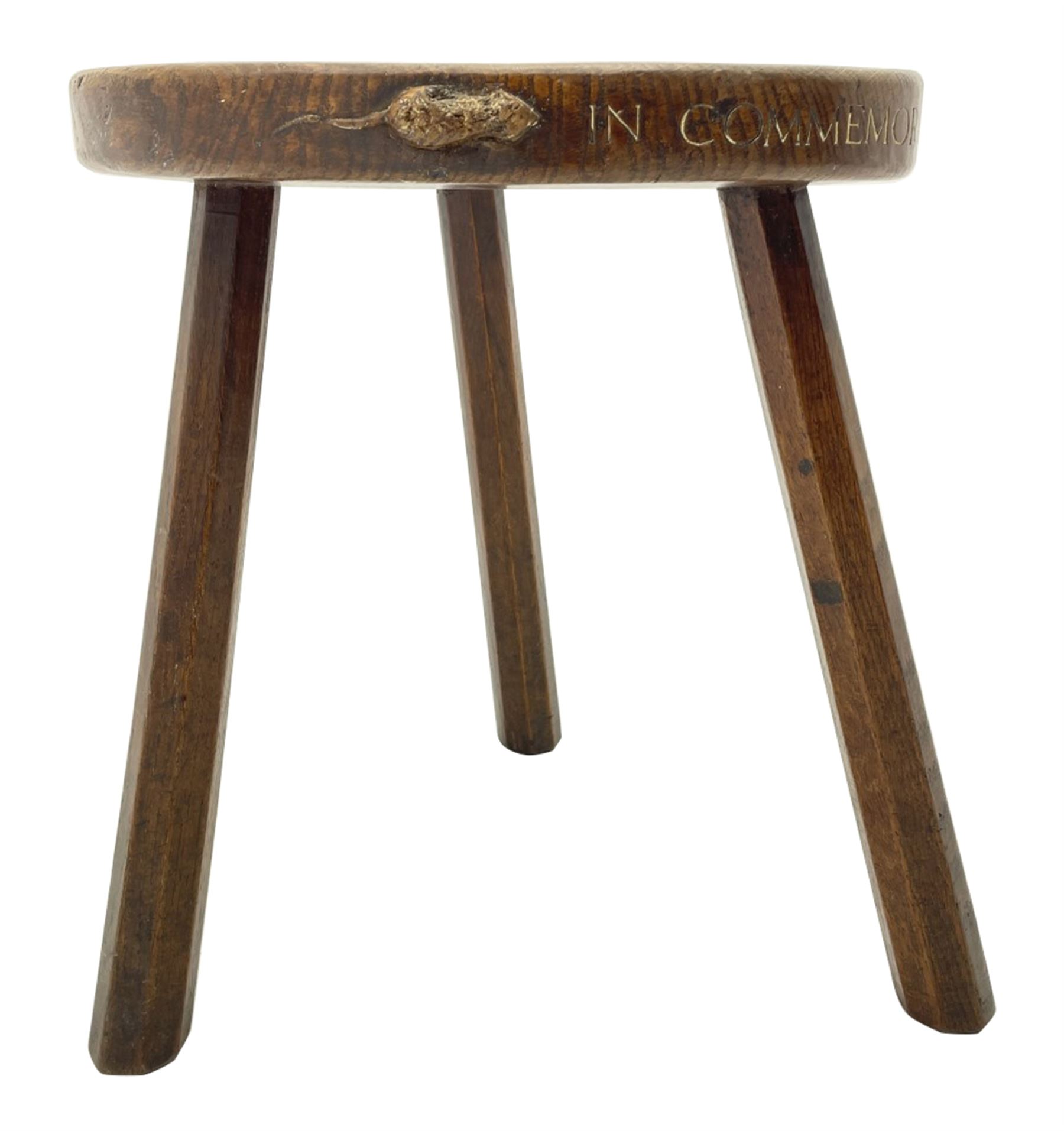'Mouseman' early 1960s oak stool, dished kidney shaped seat inscribed on edge 
