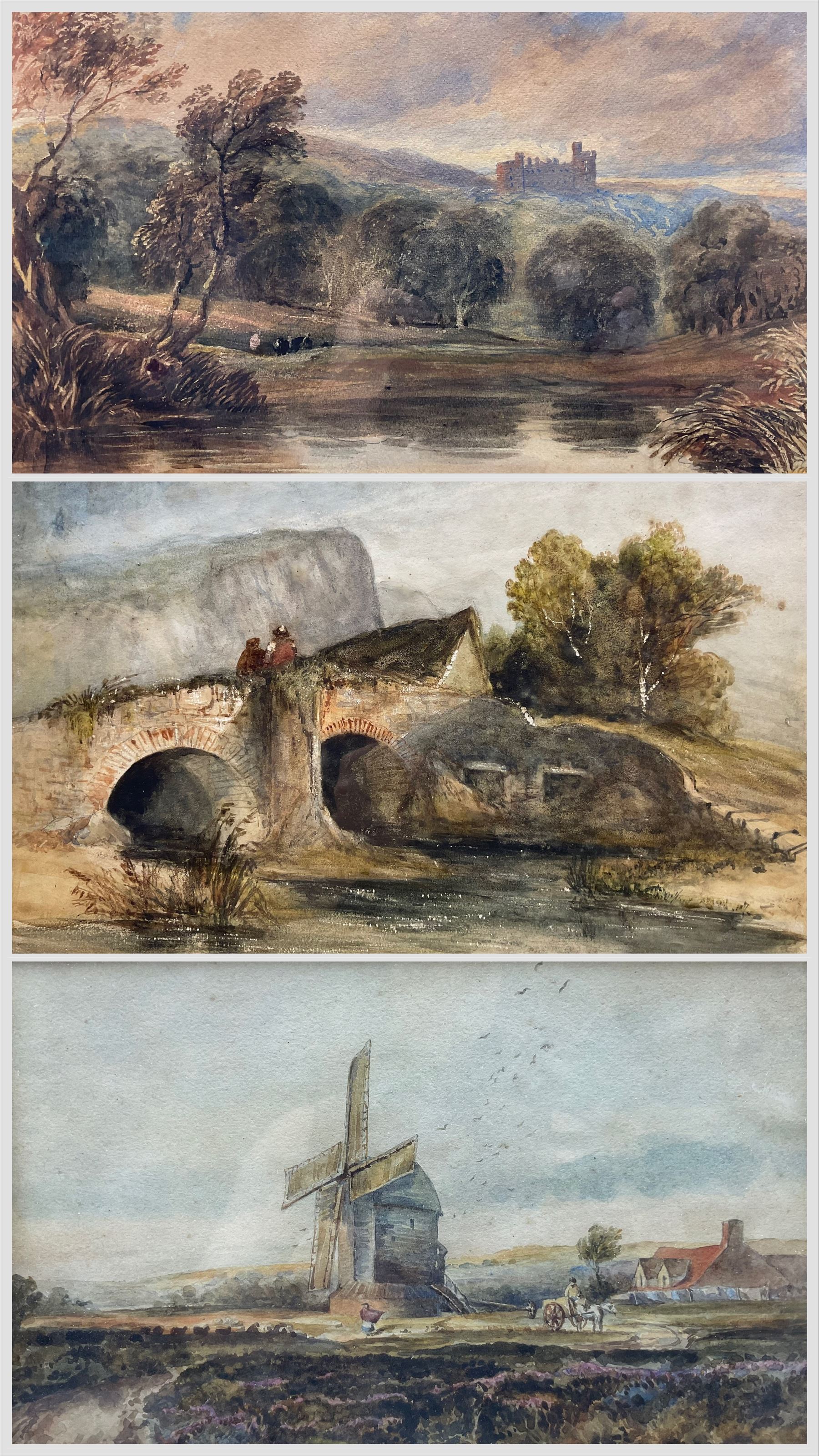 Attrib. David Cox Jr (British 1808-1885): A Distant Castle and The Windmill on the Farm, two watercolours one signed, the other inscribed verso together with another similar unsigned watercolour max  28cm x 47cm (3) 