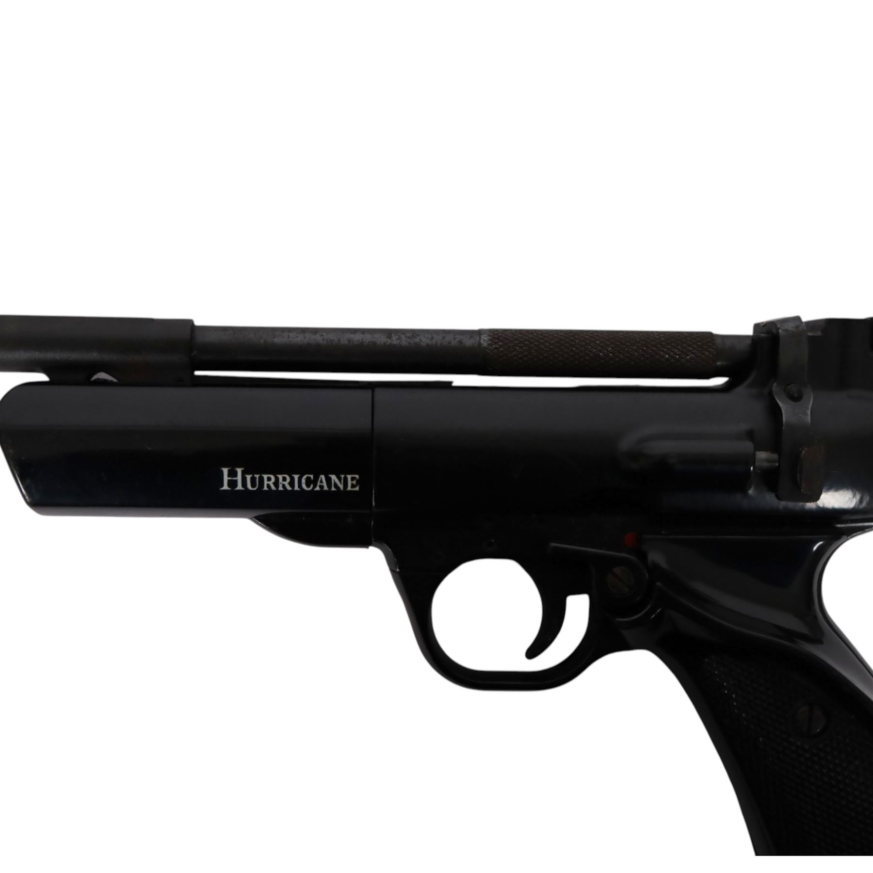 Webley Hurricane .177 air pistol, the chamber marked 'Hurricane' and 'Webley & Scott Ltd. Birmingham England' beneath, with front hooded sight and black checkered grip, H14cm, L28cm