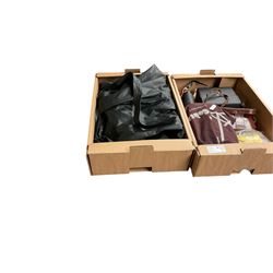 Leather trench coat, together with vintage handbag, camera, binoculars, ballard board  and...