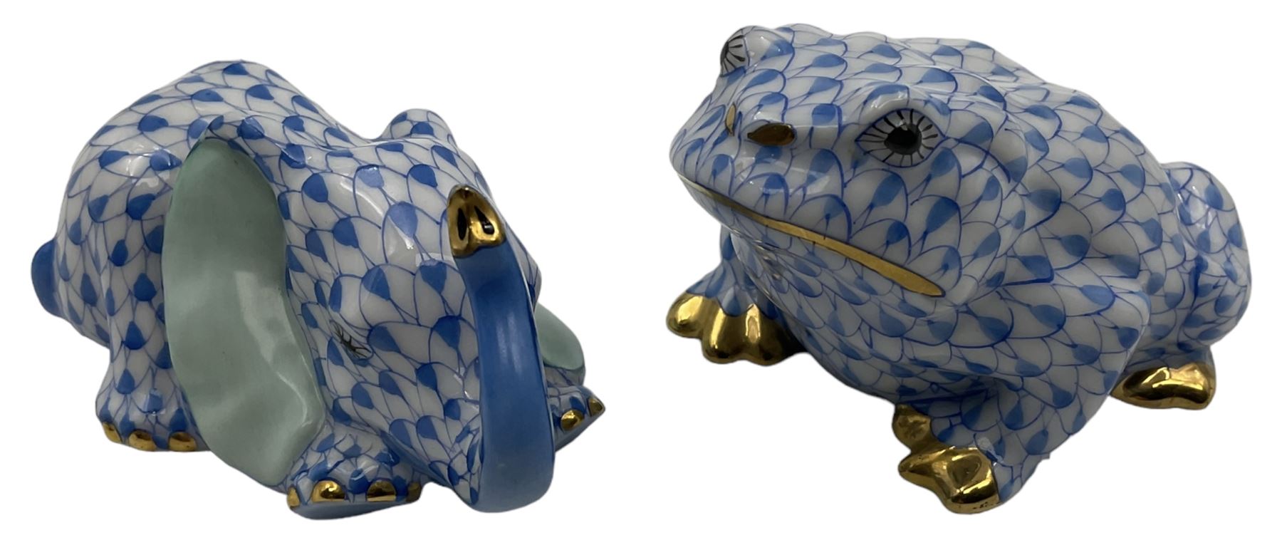 Two Herend fishnet blue figures, comprising toad and resting elephant, H5cm