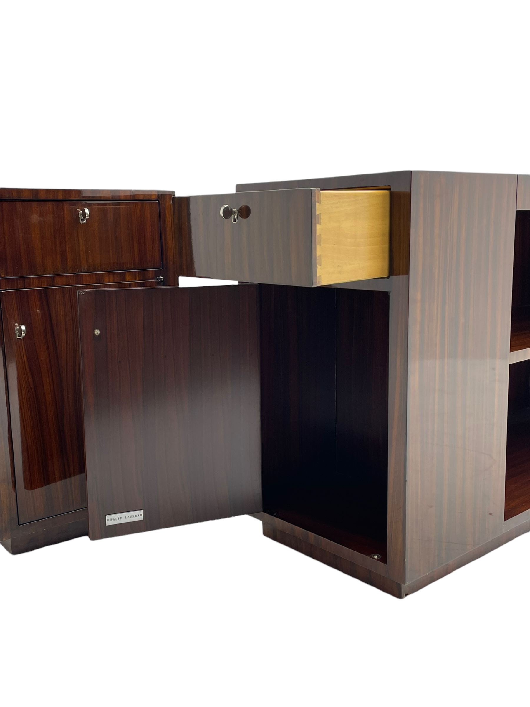 Ralph Lauren - pair 'Metropolis' Art Deco design end-tables, rosewood finish box frame with smoke glass inset, each fitted with cupboard, drawer and shelf