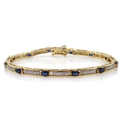 9ct gold oval sapphire and round brilliant cut diamond link bracelet, hallmarked  