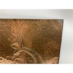 Pair of Arts and Crafts Newlyn style copper panels, each of rectangular form decorated in relief with a stylised fish against a hammered ground, H39.5cm W27.5cm