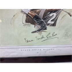 Enamel Horse racing members badges, together with three framed signed racing characters jockey prints, including Steve Smith Eccles, Willie Shoemaker and Greville Starkey, and one other print