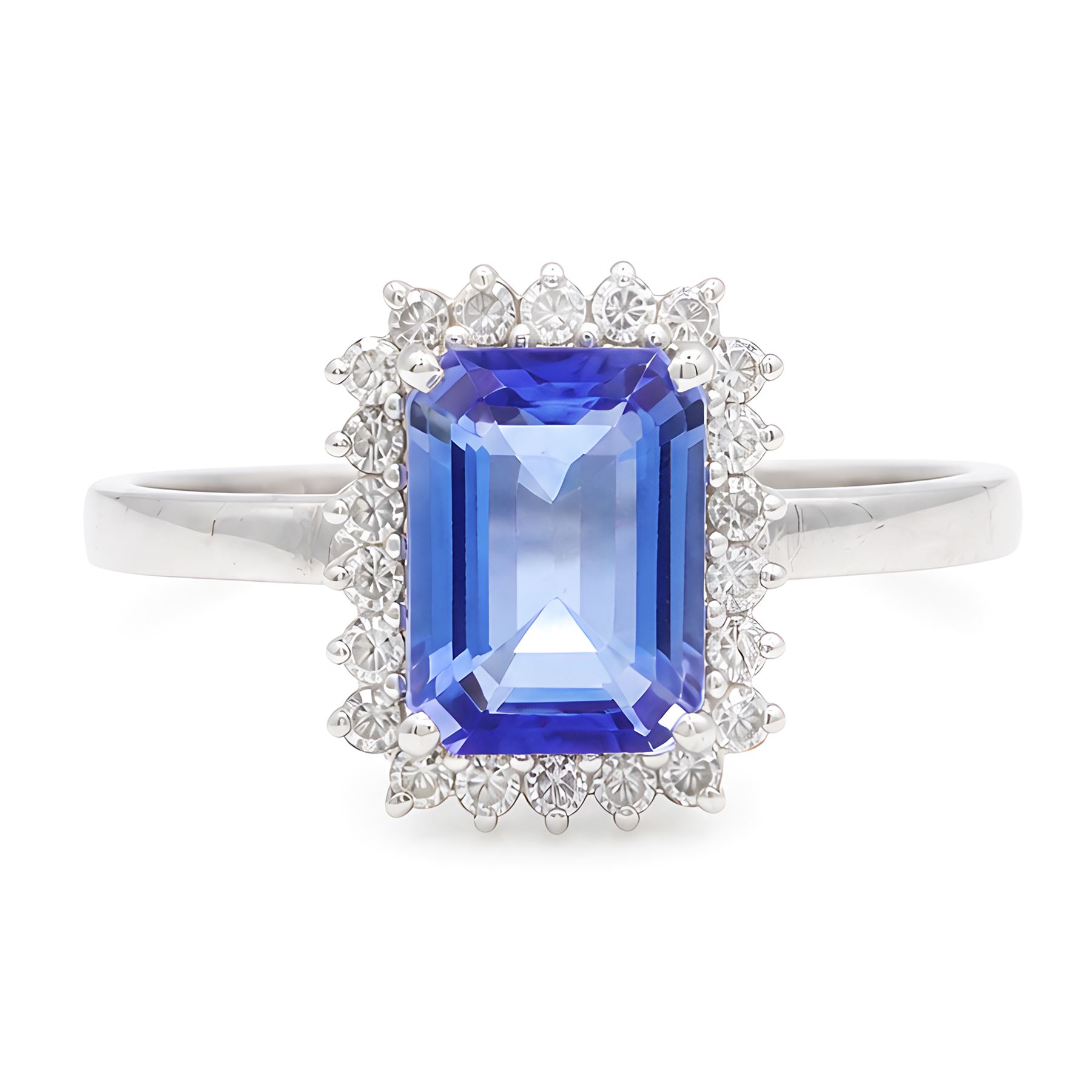 18ct white gold tanzanite and diamond cluster ring, single octagonal cut tanzanite of approx 0.80, surrounded by twenty-two round brilliant cut diamonds, stamped, total diamond weight approx 0.25 carat
